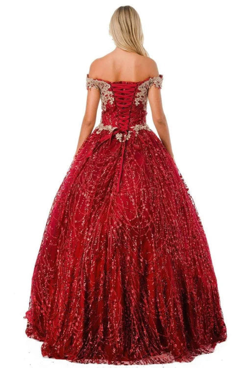 Off-Shoulder Glitter Quinceañera Ball Gown with Lace Appliqué and Lace-Up Corset Back by Trevi L2364