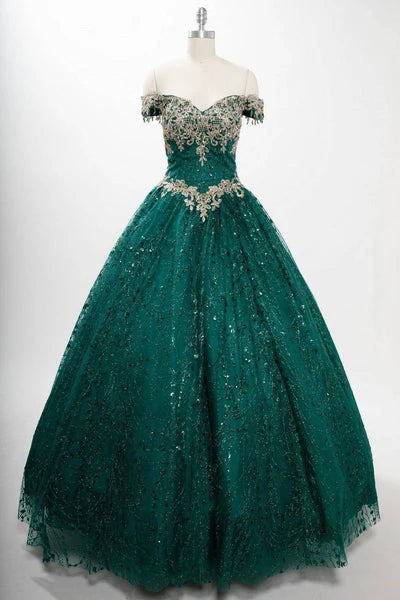 Off-Shoulder Glitter Quinceañera Ball Gown with Lace Appliqué and Lace-Up Corset Back by Trevi L2364