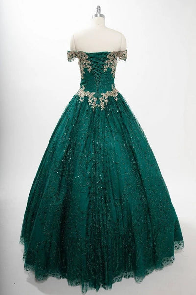 Off-Shoulder Glitter Quinceañera Ball Gown with Lace Appliqué and Lace-Up Corset Back by Trevi L2364