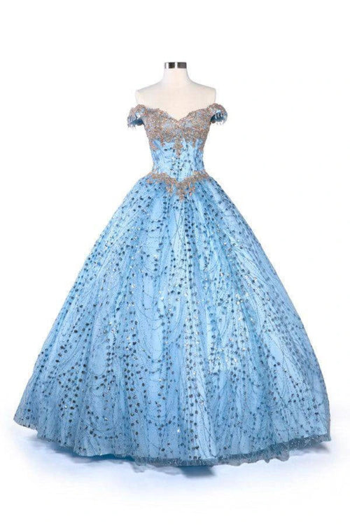 Off-Shoulder Glitter Quinceañera Ball Gown with Lace Appliqué and Lace-Up Corset Back by Trevi L2364