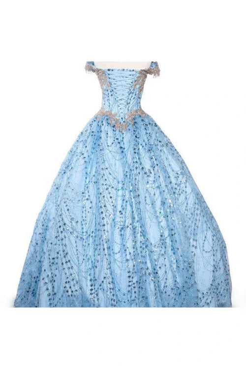 Off-Shoulder Glitter Quinceañera Ball Gown with Lace Appliqué and Lace-Up Corset Back by Trevi L2364