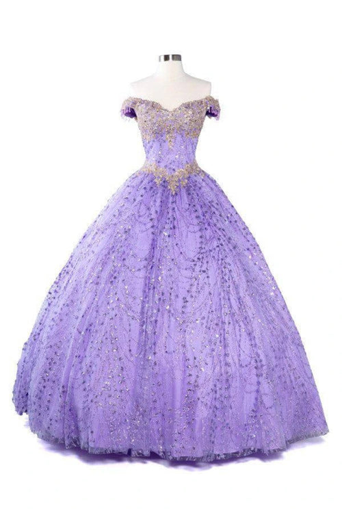 Off-Shoulder Glitter Quinceañera Ball Gown with Lace Appliqué and Lace-Up Corset Back by Trevi L2364