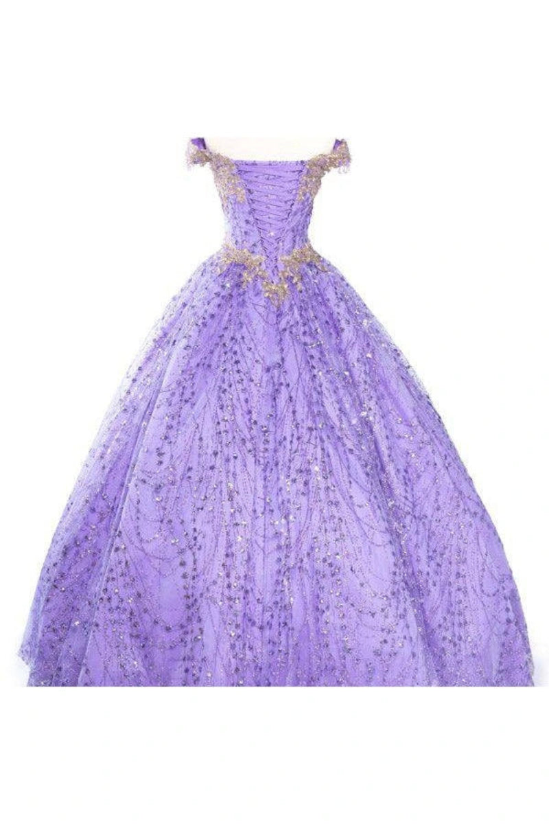 Off-Shoulder Glitter Quinceañera Ball Gown with Lace Appliqué and Lace-Up Corset Back by Trevi L2364