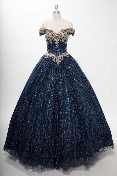 Off-Shoulder Glitter Quinceañera Ball Gown with Lace Appliqué and Lace-Up Corset Back by Trevi L2364