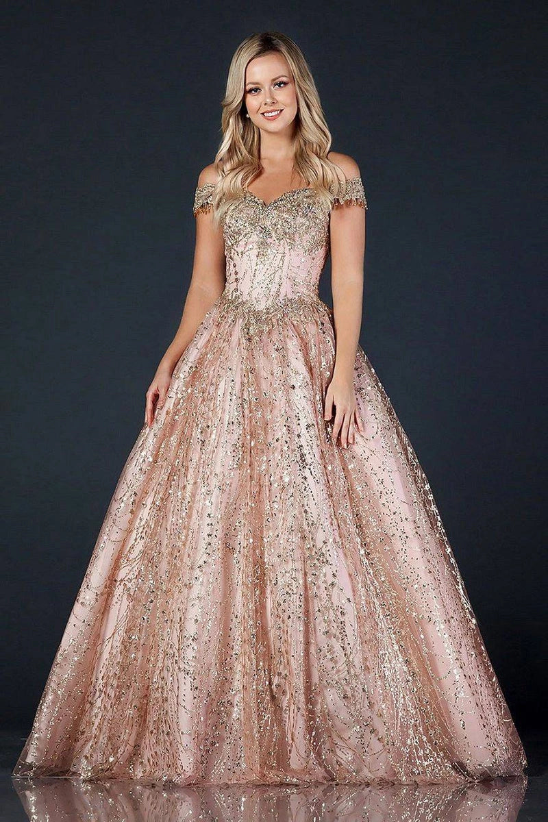 Off-Shoulder Glitter Quinceañera Ball Gown with Lace Appliqué and Lace-Up Corset Back by Trevi L2364