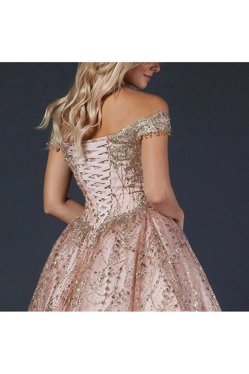 Off-Shoulder Glitter Quinceañera Ball Gown with Lace Appliqué and Lace-Up Corset Back by Trevi L2364