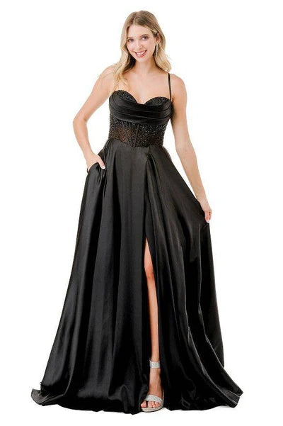 Sleeveless Beaded Corset Bodice Prom Dress High Slit & Pockets Evening Gown by Trevi L2861L