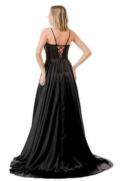 Sleeveless Beaded Corset Bodice Prom Dress High Slit & Pockets Evening Gown by Trevi L2861L