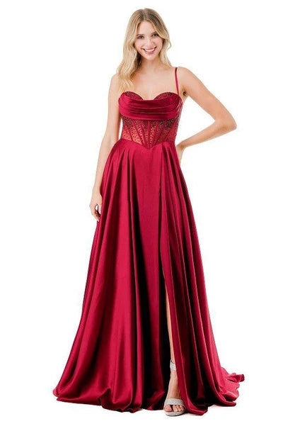Sleeveless Beaded Corset Bodice Prom Dress High Slit & Pockets Evening Gown by Trevi L2861L