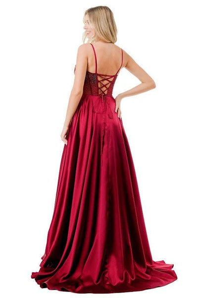 Sleeveless Beaded Corset Bodice Prom Dress High Slit & Pockets Evening Gown by Trevi L2861L