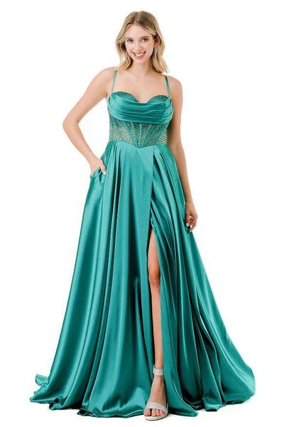 Sleeveless Beaded Corset Bodice Prom Dress High Slit & Pockets Evening Gown by Trevi L2861L