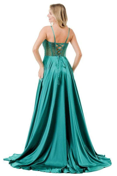 Sleeveless Beaded Corset Bodice Prom Dress High Slit & Pockets Evening Gown by Trevi L2861L