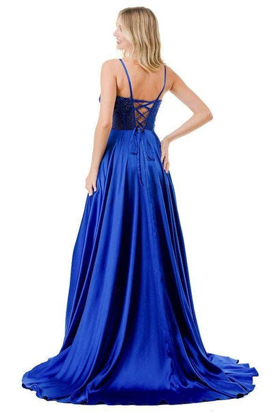 Sleeveless Beaded Corset Bodice Prom Dress High Slit & Pockets Evening Gown by Trevi L2861L