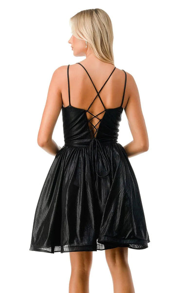 Short Metallic V-Neck Spaghetti Strap Dress with Lace-Up Back Homecoming Dress by Trevi S2750Y