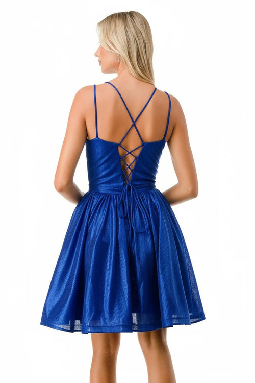 Short Metallic V-Neck Spaghetti Strap Dress with Lace-Up Back Homecoming Dress by Trevi S2750Y