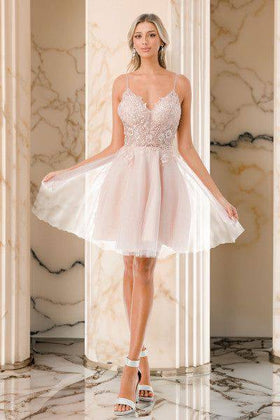 Mauve Lace Applique Homecoming Dress Spaghetti Strap Open Back Tulle Cocktail Dress by Trevi S2742M