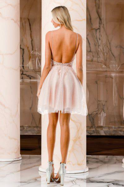 Mauve Lace Applique Homecoming Dress Spaghetti Strap Open Back Tulle Cocktail Dress by Trevi S2742M