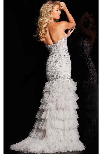Tulle Fitted Strapless Ruffled Slit Gown by Jovani 38489 - Long Formal Dresses