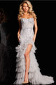 Tulle Fitted Strapless Ruffled Slit Gown by Jovani 38489 - 00 / Silver - Long Formal Dresses