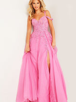Tulle Off Shoulder A-line Slit Gown by Jovani 25826