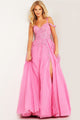 Tulle Off Shoulder A-line Slit Gown by Jovani 25826 - 00 / Fuchsia - Long Formal Dresses