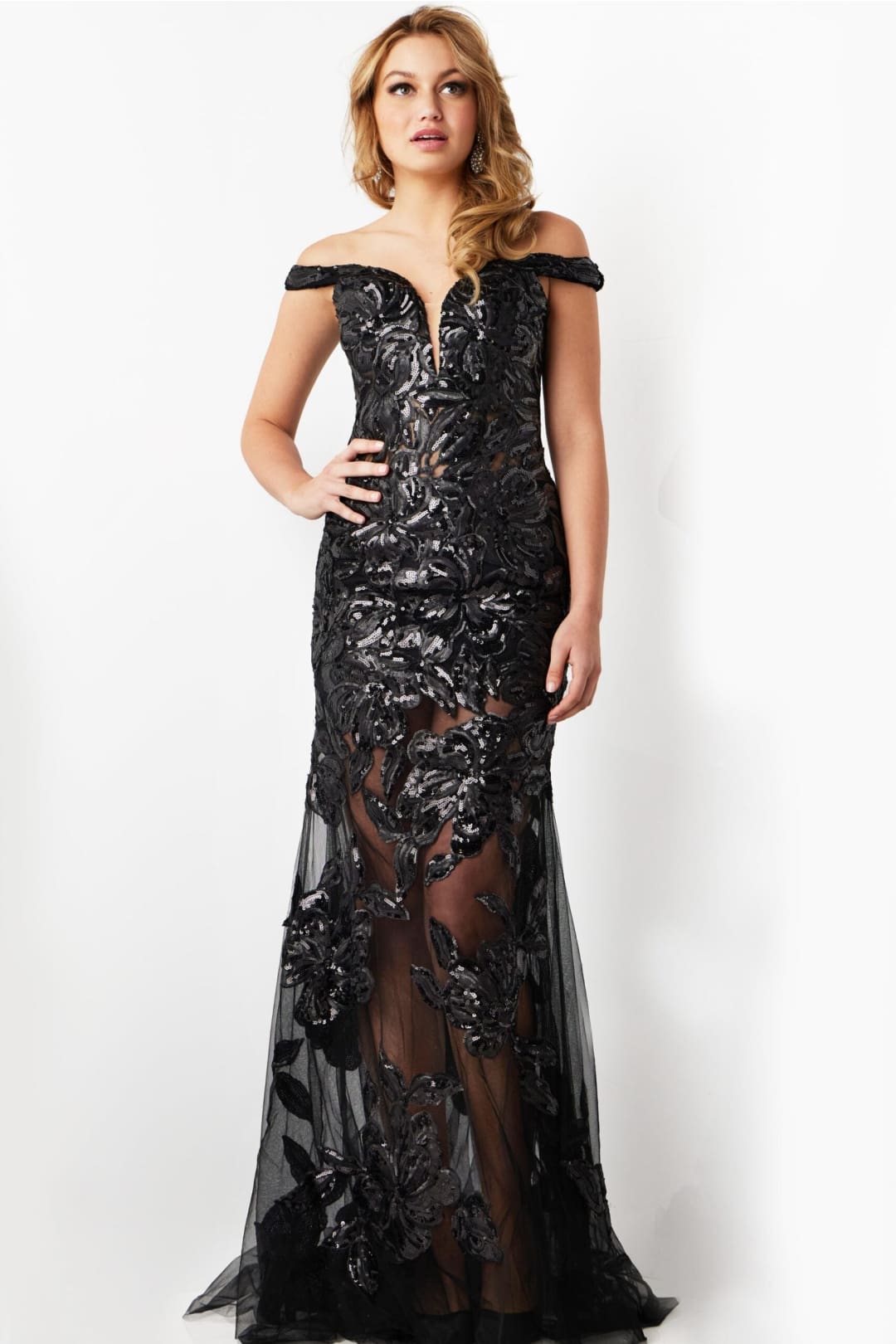 Tulle Off Shoulder Sheer Gown by Jovani 23834 - 00 / Black - Long Formal Dresses