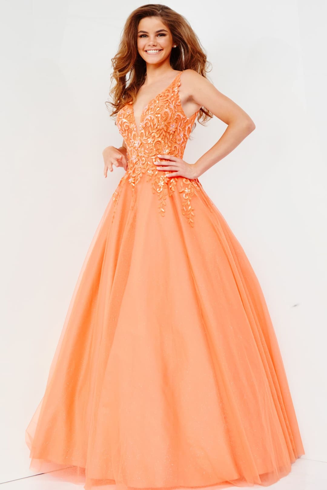 Tulle Sleeveless A-line Gown by Jovani 22831 - 00 / Orange - Long Formal Dresses
