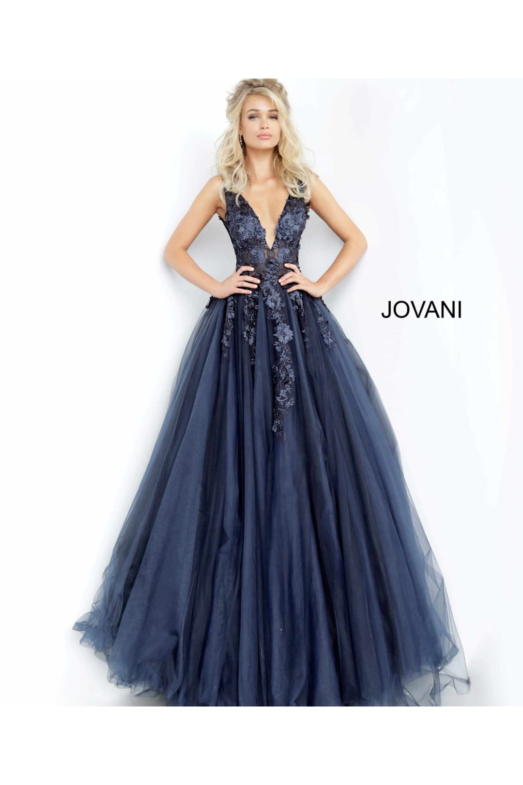 Tulle Sleeveless A-line Gown by Jovani 55634 - 00 / Navy/Black - Long Formal Dresses