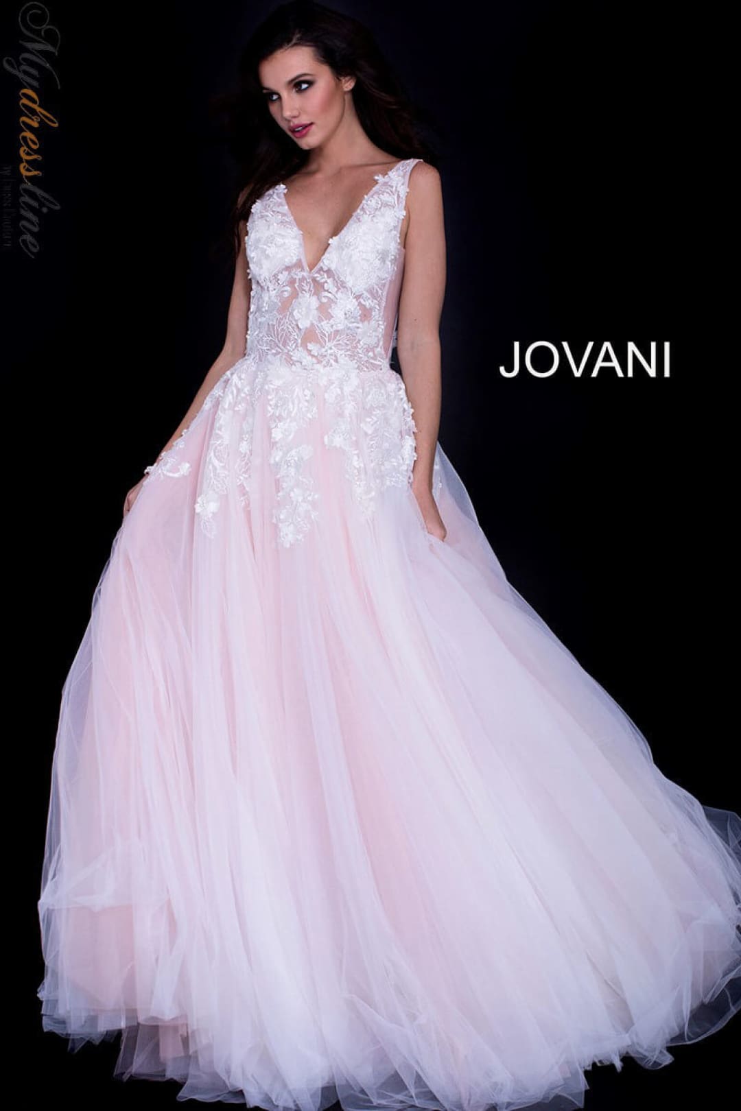 Tulle Sleeveless A-line Gown by Jovani 55634 - 00 / Off White/Blush - Long Formal Dresses