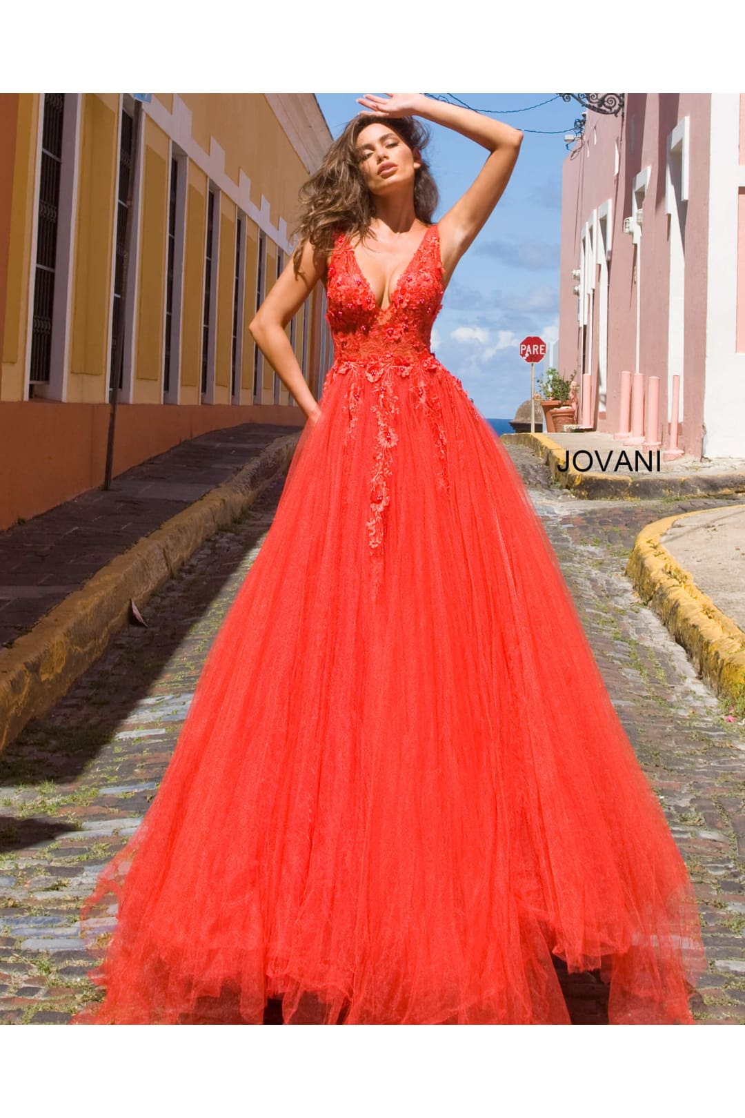 Tulle Sleeveless A-line Gown by Jovani 55634 - 00 / Red - Long Formal Dresses