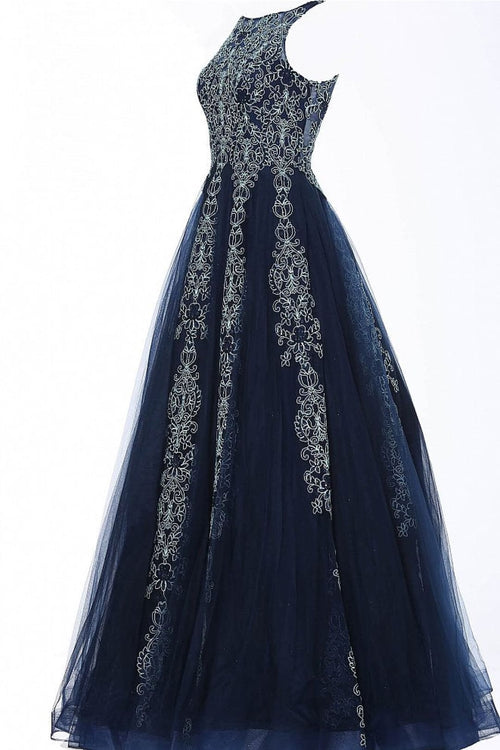 Tulle Sleeveless A-line Gown by Jovani 59046 - 00 / Navy/Aqua - Long Formal Dresses