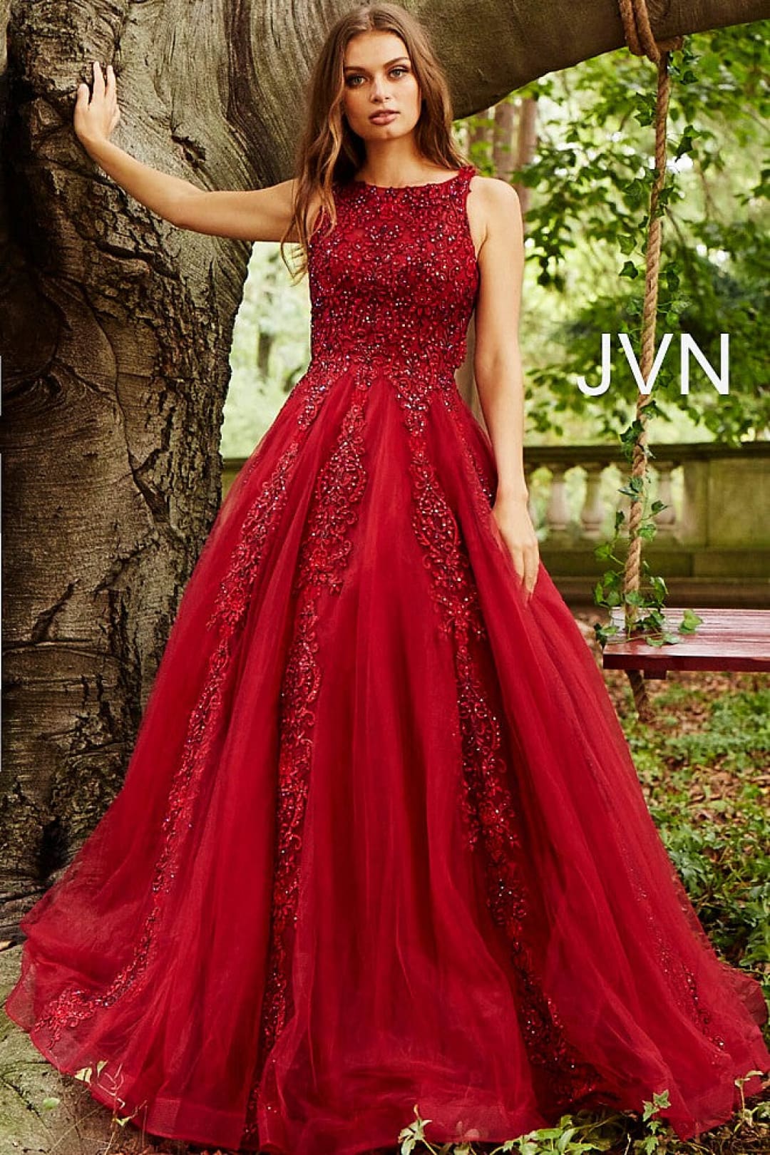 Tulle Sleeveless A-line Gown by Jovani 59046 - 00 / Wine - Long Formal Dresses