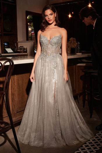 Tulle Strapless A-line Slit Gown by Ladivine CC487 - Silver / 2 - Long Formal Dresses