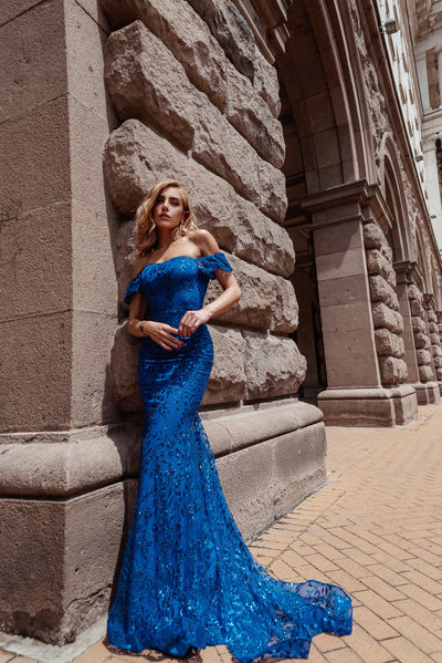 Tina Holly TW024 Prom Mermaid Off-Shoulder Flowy Glitter Fabric Dress