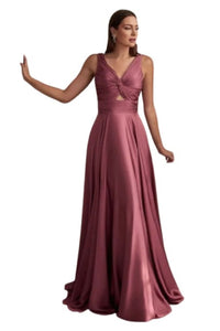 Twisted Keyhole Bodice A-Line Satin Evening Gown 2025 Elegant Dress - MAUVE ROSE / 4 - Dress