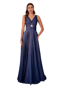 Twisted Keyhole Bodice A-Line Satin Evening Gown 2025 Elegant Dress - NAVY / 4 - Dress