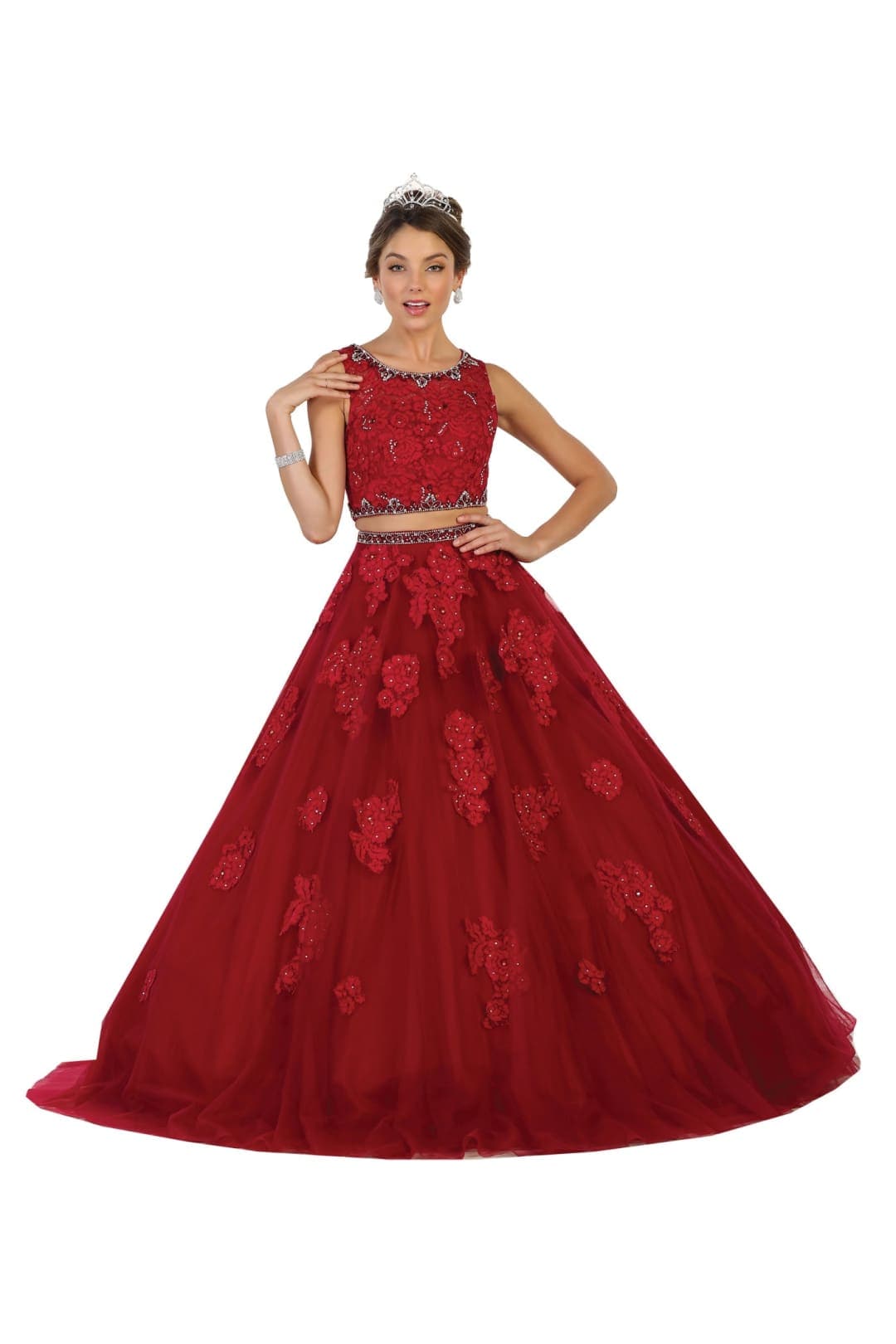 Two Piece Quinceanera Ball Gown - BURGUNDY / 2