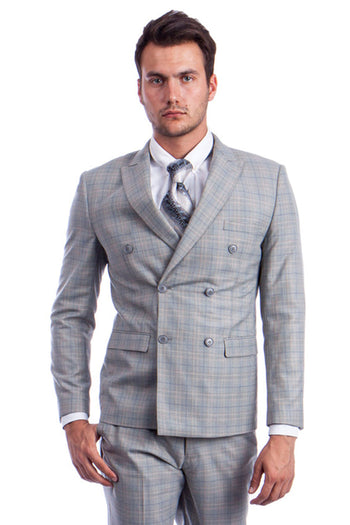 Traje de cuadros Glen cruzado y corte entallado para hombre en gris claro