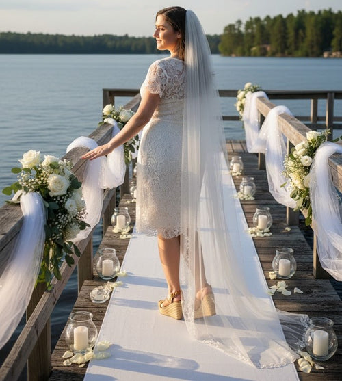 Short Sleeve Ivory Wedding Dress Modest Lace Knee Length Bridal Attire