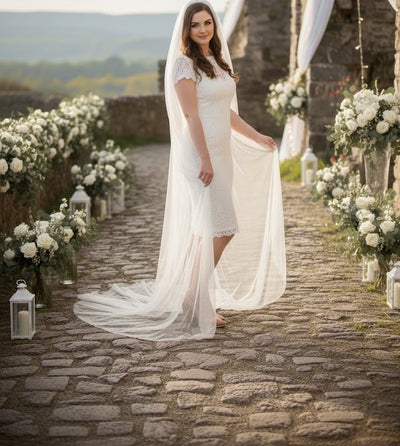 Short Sleeve Ivory Wedding Dress Modest Lace Knee Length Bridal Attire