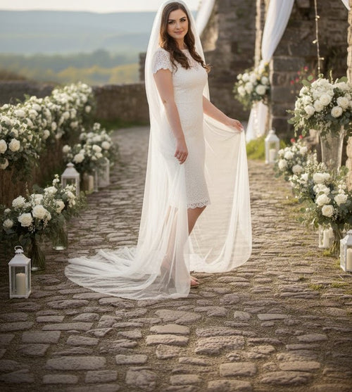 Short Sleeve Ivory Wedding Dress Modest Lace Knee Length Bridal Attire