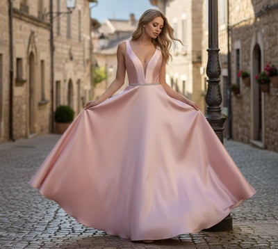 A Line Plunging V Neck Evening Gown Side Pockets Sleeveless Prom Dress