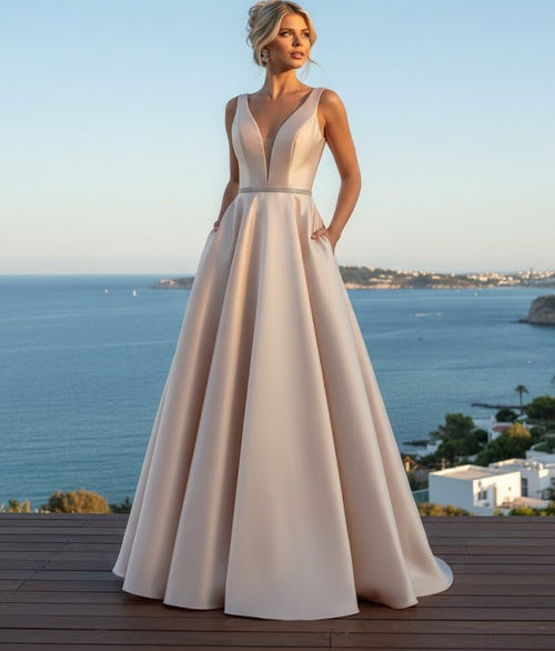 A Line Plunging V Neck Evening Gown Side Pockets Sleeveless Prom Dress