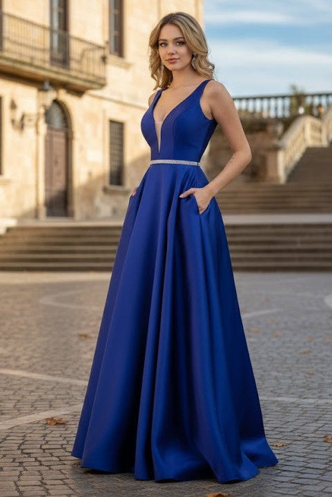 May Queen Navy Satin A-Line Long Prom Dress