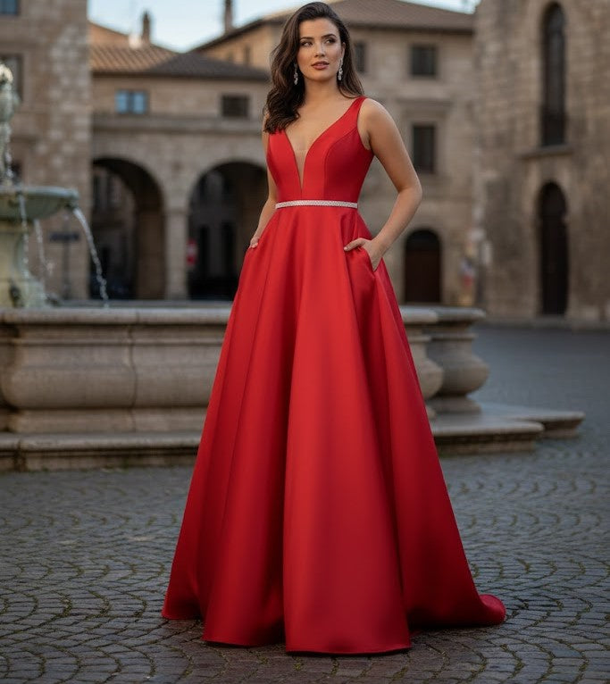 A Line Plunging V Neck Evening Gown Side Pockets Sleeveless Prom Dress