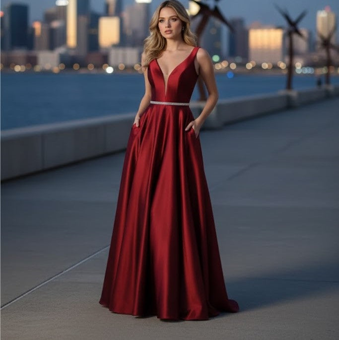 A Line Plunging V Neck Evening Gown Side Pockets Sleeveless Prom Dress