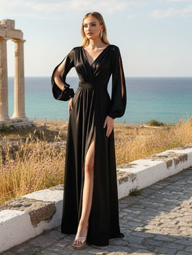 May Queen MQ1857 Split Long Sleeve High Slit Simple Evening Gown