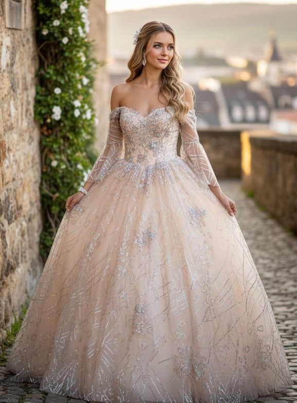 glitter flower girl dress Elizabeth K GL2911 Off Shoulder Gown