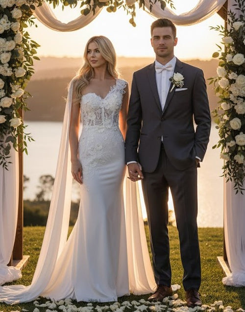 Elegant One-Shoulder Lace Wedding Dress with Chiffon Cape – Floral Appliqué Mermaid Bridal Gown by Amelia Couture 388