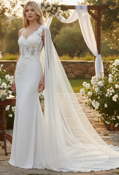 Elegant One-Shoulder Lace Wedding Dress with Chiffon Cape – Floral Appliqué Mermaid Bridal Gown by Amelia Couture 388